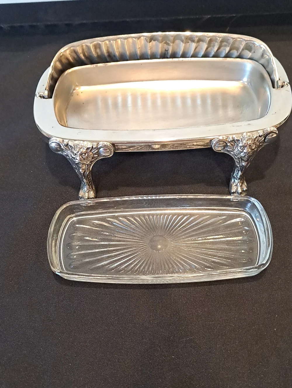 Vtg MCM Victorian Roll-Top Silver-Plated Butter Dis W/Glass Insert. VG Cond.